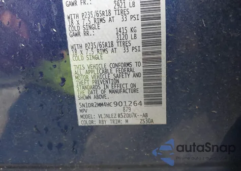 2017 Nissan Pathfinder Sv z USA, uszkodzony, nr VIN 5N1DR2MM4HC901264